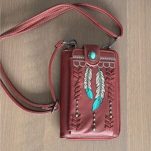 Montana west Women's Red Feather Embellished Crossbody Bag phone NWOT
